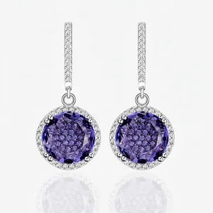 925 Sterling Silver Purple Round Rhinestone Halo Drop Earrings For Women Elegant Dangle Ear Jewelry Fashion Accessory Gift