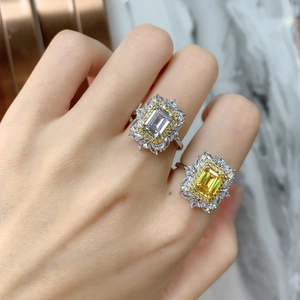Bagues en argent 925 avec pierres jaunes et blanches coupe Asscher et serti halo