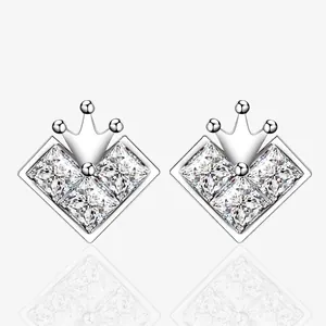 925 Sterling Silver Crown Heart Stud Earrings For Women Princess Cut Zirconia Elegant Ear Piercing Silver Jewelry