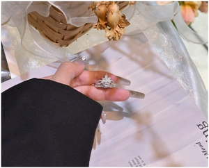 Close-up of a 925 silver crown ring with sparkling crystals worn on a finger