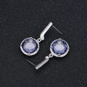 Classic S925 silver halo stud earrings featuring 11mm round blue stones with micro-pavé
