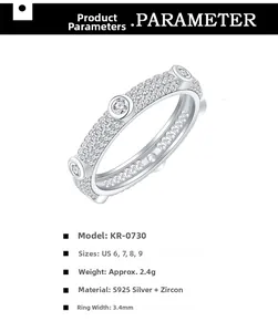 Tableau des tailles détaillé pour bague en argent 925 avec zircons de 3,4mm de large