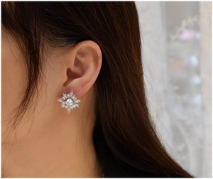 Gros plan de boucles d'oreilles fleurs de neige avec cristaux portées par un mannequin femme