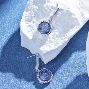 Elegant 925 sterling silver drop earrings with 11mm round blue druzy stones and micro-pave crystals