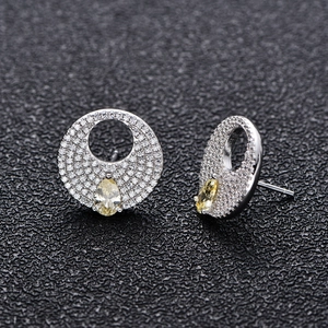 Sparkling S925 sterling silver round stud earrings with pave crystals and yellow pear-cut stones