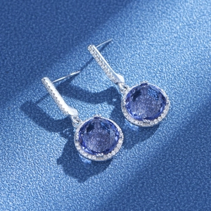 Elegant S925 silver 11mm round blue sapphire earrings with white zircon halo detailing