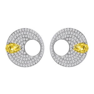 S925 silver round stud earrings with pave diamonds and pear-cut yellow gemstones