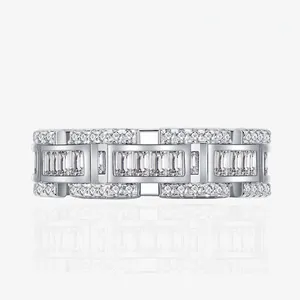 Luxury 925 Sterling Silver Interlocking Chain Ring For Women Geometric Inlaid Zirconia Wide Band Fashion Jewelry Finger Ring