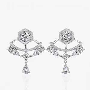 925 Sterling Silver Fan Shaped Rhinestone Water Drop Fringe Stud Earrings Vintage Light Luxury Oversized Women Jewelry