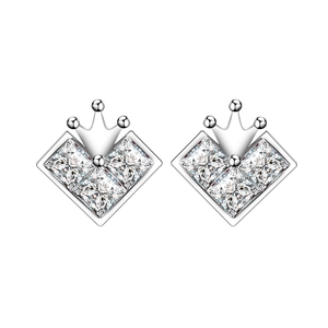 925 silver crown diamond studs featuring four princess cut cubic zirconia square stones