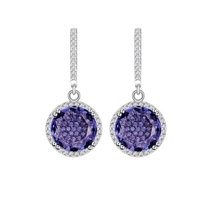 Elegant S925 sterling silver drop earrings with 11mm round purple crystal and diamond halo