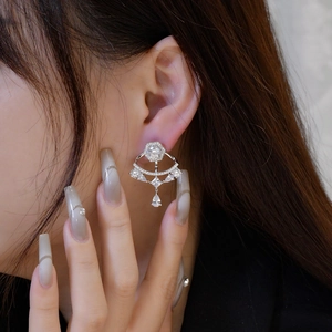 Elegant S925 sterling silver fan-shaped fringe earrings with cubic zirconia stones