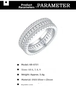 Spécifications de la bague en argent S925 avec trois rangées de zircons, taille 6-9