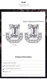 Macro detail of S925 sterling silver U-shape earrings with emerald-cut cubic zirconia