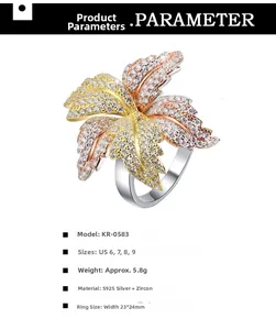 Detailed spec sheet showing S925 silver petal ring with two-tone finish and zircons