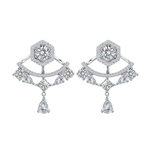 S925 sterling silver fan-shaped fringe earrings with clear zircon stones on white background