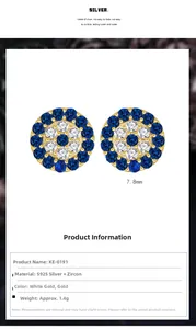 Detailed macro view of S925 silver halo stud earrings with blue and white zircon stones