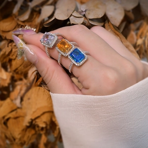 925 silver rings with radiant cut orange and blue sapphire high carbon diamonds