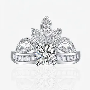 925 Sterling Silver Crown Ring For Women Cubic Zirconia Inlaid Luxury Tiara Shape Hollow Clover Design Fashion Jewelry Gift