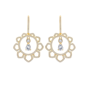 Elegant gold hollow sunflower drop earrings with sparkling pavé stones and crystal drops
