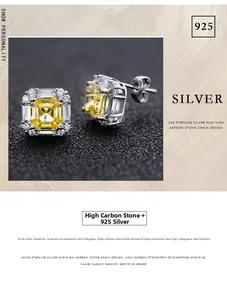 Macro shot of 925 silver yellow square-cut diamond studs with side-set micro pavé stones