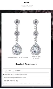 Detailed size specifications for pear-shaped S925 silver drop earrings with zircons