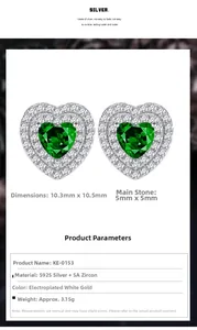 Detailed view of heart-cut emerald studs in S925 sterling silver with 5A zircon halo