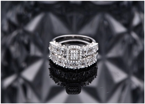 Macro detail of S925 silver halo ring with baguette cut stones and luxury pavé setting
