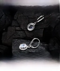 Detailed macro view of 925 sterling silver earrings with oval and round zircon stones