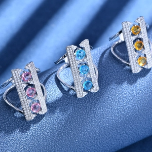 Modern 925 sterling silver geometric rings with three-color gemstone accents