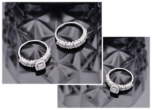 Macro detail of S925 sterling silver stacked rings with micro-pave rectangular diamonds