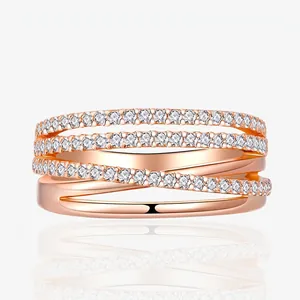 S925 Sterling Silver Crossover Stacked Ring For Women Wide Rhinestone Plated 18K Rose Gold Geometric Fashion Jewelry Gift