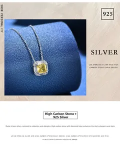 Gros plan sur collier en argent S925 avec diamant jaune carré et sertissage halo