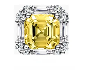 Macro shot of 925 sterling silver stud earring with yellow radiant cut carbon diamond