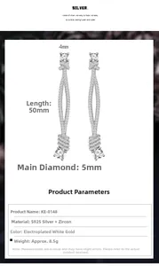 Detailed dimensions of S925 silver fringe knot earrings with micro-pave crystals