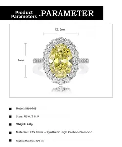 Detailed size specifications for 925 silver ring with 12x8mm oval carbon diamond