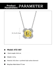 Détails du collier en argent 925 avec pendentif carré en diamant jaune carbone