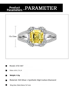 Macro detail of 7x7mm square yellow Asscher cut ring in S925 sterling silver settings