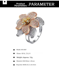 Detailed size and material specs for the S925 silver three-tone flower ring with zircon