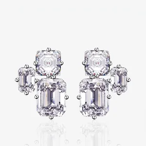 925 Sterling Silver Asymmetric Emerald Cut Rhinestone Stud Earrings For Women Minimalist Geometric Cluster Ear Jewelry Gift