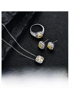 Detail view of yellow square cut gemstone jewelry set with necklace rings and earrings