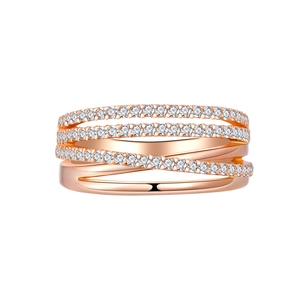 Multi-layer crossover S925 silver ring with rose gold plating and sparkling zircon pavé