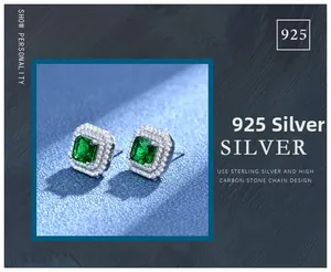 Macro detail of square emerald-cut green stone studs with diamond pavé in 925 silver