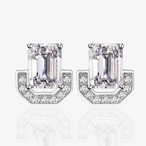 925 Sterling Silver Emerald Cut Rectangle Zirconia Stud Earrings With U-shaped Pavé Setting Minimalist Elegant Women Jewelry