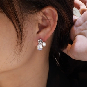 Asymmetric 925 sterling silver stud earrings with emerald-cut cluster clear crystals