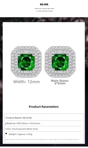 S925 sterling silver emerald cut stud earrings with double halo cubic zirconia stones