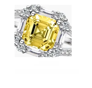 Macro detail of square cut yellow diamond ring with exquisite pave setting craftsmanship