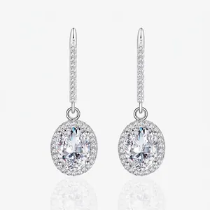 Elegant 925 Sterling Silver Oval Zirconia Drop Earrings For Women Classic Halo Leverback Earrings Wedding Banquet Jewelry Gift
