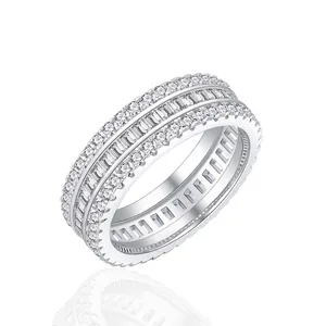 Bague Pavée Triple Rangée en Argent Sterling 925 Luxe Baguette Ronde Zirconia Eternity Band pour Femmes Mariage Bijoux
