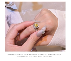 Detail showing high-carbon yellow stone and S925 sterling silver pave setting